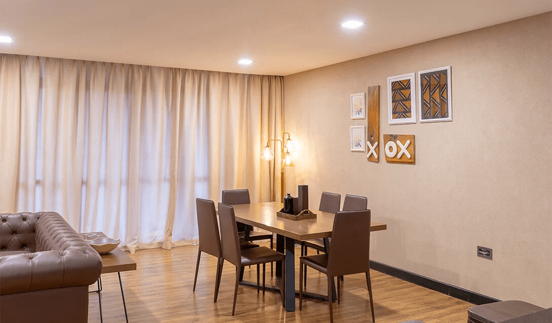 Living room with furniture in 2 bedroom 2 bath apartment in Kampala Uganda
